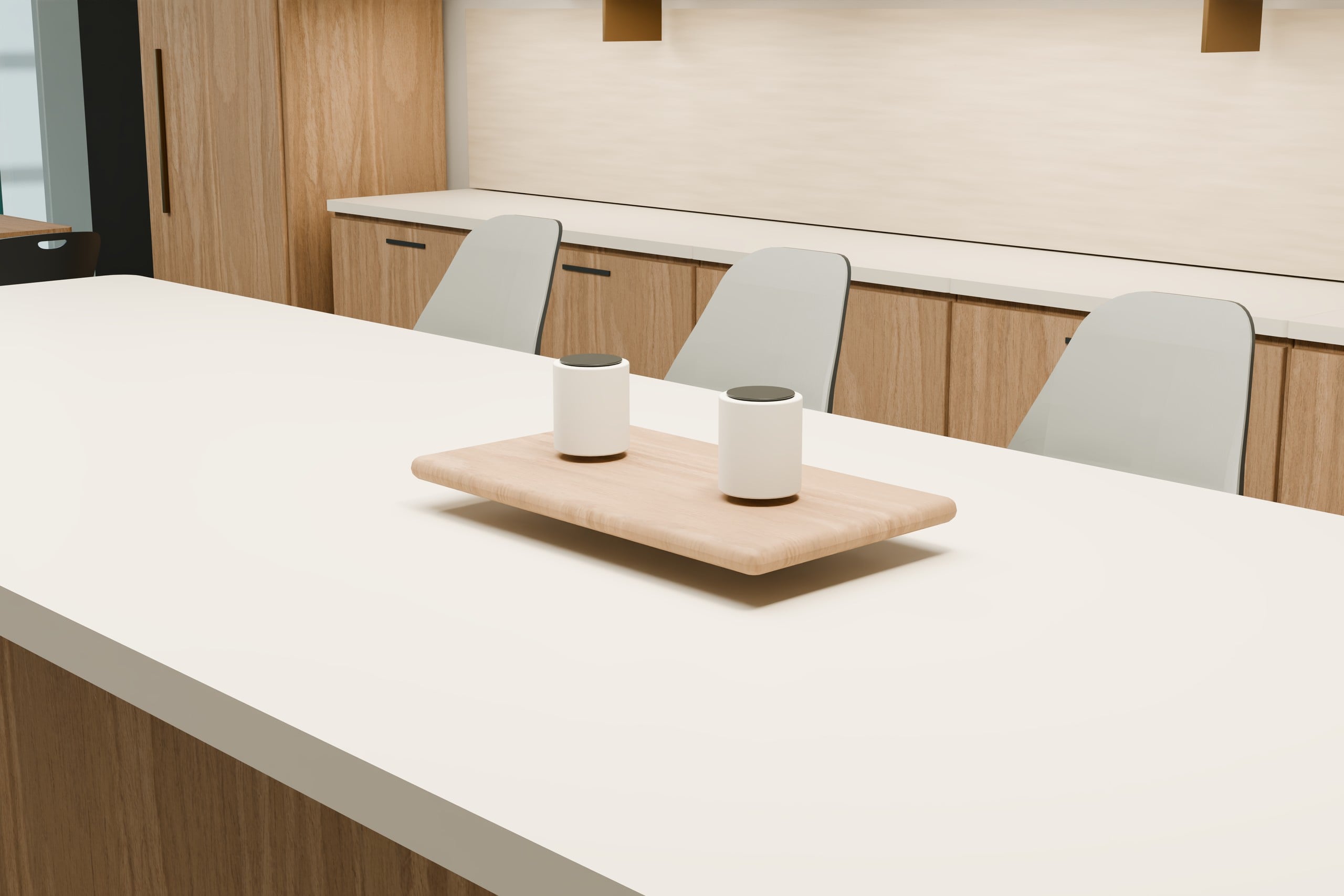 Wood finishes and turquoise accents in the concept café.